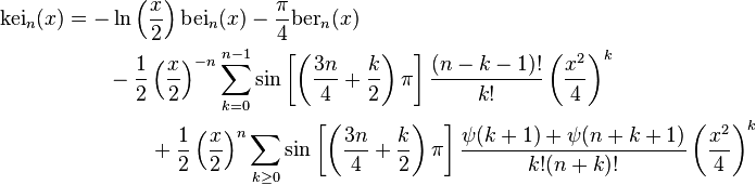 \begin{align}
\mathrm{kei}_n(x) &= - \ln\left(\frac{x}{2}\right) \mathrm{bei}_n(x) - \frac{\pi}{4}\mathrm{ber}_n(x) \\
&\qquad -\frac{1}{2} \left(\frac{x}{2}\right)^{-n} \sum_{k=0}^{n-1} \sin\left[\left(\frac{3n}{4} + \frac{k}{2}\right)\pi\right] \frac{(n-k-1)!}{k!} \left(\frac{x^2}{4}\right)^k  \\
&\qquad \qquad + \frac{1}{2} \left(\frac{x}{2}\right)^n \sum_{k \geq 0} \sin\left[\left(\frac{3n}{4} + \frac{k}{2}\right)\pi\right] \frac{\psi(k+1) + \psi(n + k + 1)}{k! (n+k)!} \left(\frac{x^2}{4}\right)^k
\end{align}