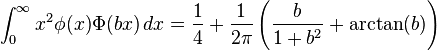  \int_0^\infty x^2\phi(x)\Phi(bx) \, dx = \frac{1}{4} + \frac{1}{2\pi} \left(\frac{b}{1+b^2} + \arctan(b) \right) 