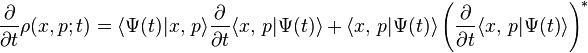 
\frac{\partial }{\partial t} \rho(x,p;t) = \langle \Psi(t) | x,\, p \rangle \frac{\partial }{\partial t} \langle x,\, p |\Psi(t) \rangle
+ \langle x,\, p |\Psi(t) \rangle \left( \frac{\partial }{\partial t}  \langle x,\, p |\Psi(t) \rangle \right)^*
