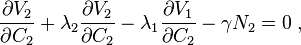  \frac{\partial V_{2}}{\partial C_{2}}  + \lambda_{2} \frac{\partial V_{2} }{\partial C_{2} }  - \lambda_{1} \frac{\partial V_{1} }{\partial C_{2} } 
-  \gamma N_{2} = 0 \; , 