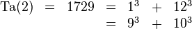 \begin{matrix}\operatorname{Ta}(2)&=&1729&=&1^3 &+& 12^3 \\&&&=&9^3 &+& 10^3\end{matrix}