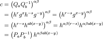 \begin{align}
  c &= \left(Q_aQ_b^{-1}\right)^{\alpha\beta} \\
    &= \left(h^r g^x h^{-s} g^{-y}\right)^{\alpha\beta} 
     = \left(h^{r - s} g^{x - y}\right)^{\alpha\beta} \\
    &= \left(h^{r - s} h^{ab(x - y)}\right)^{\alpha\beta}
     = h^{\alpha\beta(r - s)} h^{\alpha\beta ab(x - y)} \\
    &= \left(P_aP_b^{-1}\right) h^{\alpha\beta ab(x - y)}
\end{align}