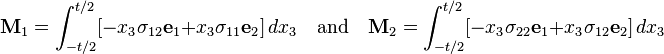 
   \mathbf{M}_1 = \int_{-t/2}^{t/2} [-x_3\sigma_{12}\mathbf{e}_1 + x_3\sigma_{11}\mathbf{e}_2] \,dx_3
   \quad \text{and} \quad 
   \mathbf{M}_2 = \int_{-t/2}^{t/2} [-x_3\sigma_{22}\mathbf{e}_1 + x_3\sigma_{12}\mathbf{e}_2 ]\, dx_3
 