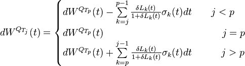 
dW^{Q_{T_j}}(t) =
\begin{cases}
dW^{Q_{T_p}}(t) - \sum\limits_{k=j}^{p-1} \frac{\delta L_k(t)}{1 + \delta
L_k(t)} {\sigma}_k(t) dt \qquad  j < p \\

dW^{Q_{T_p}}(t)   \qquad \qquad \qquad \quad \quad \quad \quad \quad \quad j = p \\

dW^{Q_{T_p}}(t) + \sum\limits_{k=p}^{j-1} \frac{\delta L_k(t)}{1 + \delta
L_k(t)} {\sigma}_k(t) dt \qquad \quad  j > p \\
\end{cases}
