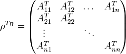 \rho^{T_B} = \begin{pmatrix} A_{11}^T & A_{12}^T & \dots & A_{1n}^T \\ A_{21}^T & A_{22}^T & & \\ \vdots & & \ddots & \\ A_{n1}^T & & & A_{nn}^T \end{pmatrix}