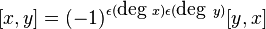 [x,y] = (-1)^{\epsilon(\hbox{deg}\ x)\epsilon(\hbox{deg}\ y)}[y,x]