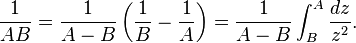 \frac{1}{AB} = \frac{1}{A-B}\left(\frac{1}{B}-\frac{1}{A}\right)=\frac{1}{A-B}\int_B^A \frac{dz}{z^2}.