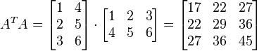 
  A^{T}A = \begin{bmatrix}
             1 & 4\\
             2 & 5\\
             3 & 6
           \end{bmatrix} \cdot
           \begin{bmatrix}
             1 & 2 & 3 \\
             4 & 5 & 6
           \end{bmatrix} =
           \begin{bmatrix}
             17 & 22 & 27 \\
             22 & 29 & 36\\
             27 & 36 & 45
           \end{bmatrix}
