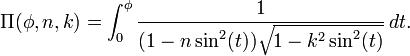 \Pi(\phi,n,k) = \int_0^\phi \frac{1}{(1 - n \sin^2(t))\sqrt{1 - k^2 \sin^2(t)}}\,dt.