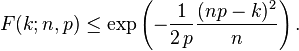  F(k;n,p) \leq \exp\left(-\frac{1}{2\,p} \frac{(np-k)^2}{n}\right). \!