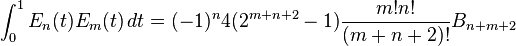 \int_0^1 E_n(t) E_m(t)\,dt =
(-1)^{n} 4 (2^{m+n+2}-1)\frac{m! n!}{(m+n+2)!} B_{n+m+2}