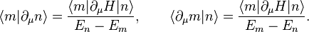 \langle m|\partial_\mu n\rangle=\frac{\langle m|\partial_\mu H | n\rangle}{E_n-E_m}, \qquad \langle\partial_\mu m| n\rangle=\frac{\langle m|\partial_\mu H | n\rangle}{E_m-E_n}.