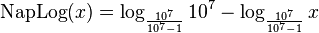 \mathrm{NapLog}(x) = \log_{\frac{10^7}{10^7 - 1}} 10^7 - \log_{\frac{10^7}{10^7 - 1}} x