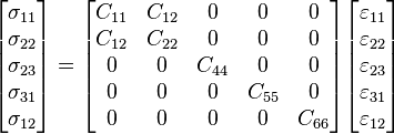 
   \begin{bmatrix}\sigma_{11} \\ \sigma_{22} \\ \sigma_{23} \\ \sigma_{31} \\ \sigma_{12} \end{bmatrix} = 
   \begin{bmatrix} C_{11} & C_{12} & 0 & 0 & 0 \\ C_{12} & C_{22} & 0 & 0 & 0 \\
                   0 & 0 & C_{44} & 0 & 0 \\
                   0 & 0 & 0 & C_{55} & 0 \\ 0 & 0 & 0 & 0 & C_{66}\end{bmatrix}
   \begin{bmatrix}\varepsilon_{11} \\ \varepsilon_{22} \\ \varepsilon_{23} \\ \varepsilon_{31} \\ \varepsilon_{12}\end{bmatrix}
