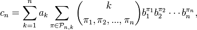 c_{n} = \sum_{k=1}^{n}  a_{k} \sum_{\mathbf{\pi}\in \mathcal{P}_{n,k}} \binom{k}{\pi_{1},\pi_{2}, ..., \pi_{n}} b_{1}^{\pi_{1}} b_{2}^{\pi_{2}}\cdots b_{n}^{\pi_{n}}, 