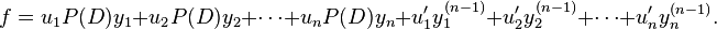 f=u_1P(D)y_1+u_2P(D)y_2+\cdots+u_nP(D)y_n+u'_1y^{(n-1)}_1+u'_2y^{(n-1)}_2+\cdots+u'_ny^{(n-1)}_n.