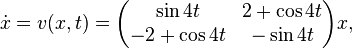 

{\dot x}=v(x,t)=\begin{pmatrix} \sin{4t} &2+\cos{4t}\\
-2+\cos{4t}& -\sin{4t}
\end{pmatrix}x,

