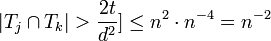  |T_j \cap T_k| > \frac{2t}{d^2}] \leq n^2 \cdot n^{-4} = n^{-2}