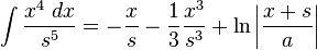 \int {\frac {x^{4}\;dx}{s^{5}}}=-{\frac {x}{s}}-{\frac {1}{3}}{\frac {x^{3}}{s^{3}}}+\ln \left|{\frac {x+s}{a}}\right|