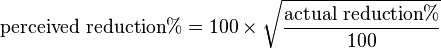 \text{perceived reduction}\% = 100 \times \sqrt{\text{actual reduction}\% \over 100}