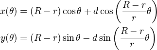 \begin{align}
  x (\theta) &= (R - r)\cos\theta + d\cos\left({R - r \over r}\theta\right) \\
  y (\theta) &= (R - r)\sin\theta - d\sin\left({R - r \over r}\theta\right)
\end{align}