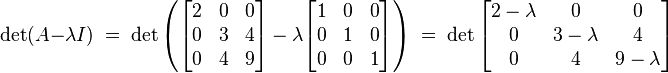 \det (A-\lambda I) \;=\; \det \left(\begin{bmatrix}
2 & 0 & 0 \\
0 & 3 & 4 \\
0 & 4 & 9
\end{bmatrix} - \lambda
\begin{bmatrix}
1 & 0 & 0 \\
0 & 1 & 0 \\
0 & 0 & 1
\end{bmatrix}\right) \;=\;
\det \begin{bmatrix}
2 - \lambda & 0 & 0 \\
0 & 3 - \lambda & 4 \\
0 & 4 & 9 - \lambda
\end{bmatrix}