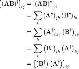 \begin{align}
\left[(\mathbf{AB})^\dagger\right]_{ij} &=\left[\left(\mathbf{AB}\right)^\star\right]_{ji}\\
&=\sum_k\left(\mathbf{A}^\star\right)_{jk}\left(\mathbf{B}^\star\right)_{ki}\\
&=\sum_k\left(\mathbf{A}^\dagger\right)_{kj}\left(\mathbf{B}^\dagger\right)_{ik}\\
&=\sum_k\left(\mathbf{B}^\dagger\right)_{ik}\left(\mathbf{A}^\dagger\right)_{kj}\\
&=\left[\left(\mathbf{B}^\dagger\right)\left(\mathbf{A}^\dagger\right)\right]_{ij}
\end{align}