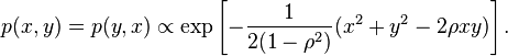 p(x, y) = p(y, x) \propto \exp\left[-\frac{1}{2(1-\rho^2)}(x^2+y^2-2\rho xy)\right].