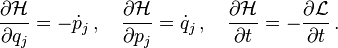 \frac{\partial \mathcal{H}}{\partial q_j} =- \dot{p}_j \,, \quad \frac{\partial \mathcal{H}}{\partial p_j} = \dot{q}_j \,, \quad \frac{\partial \mathcal{H}}{\partial t  } = - {\partial \mathcal{L} \over \partial t} \,.