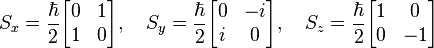 
  S_x = \frac{\hbar}{2} \begin{bmatrix} 0 &  1 \\ 1 &  0 \end{bmatrix}, \quad
  S_y = \frac{\hbar}{2} \begin{bmatrix} 0 & -i \\ i &  0 \end{bmatrix}, \quad
  S_z = \frac{\hbar}{2} \begin{bmatrix} 1 &  0 \\ 0 & -1 \end{bmatrix}
