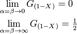  \begin{align}
&\lim_{\alpha = \beta \to 0} G_{(1-X)} =0 \\
&\lim_{\alpha = \beta \to \infty} G_{(1-X)} =\tfrac{1}{2}
\end{align}