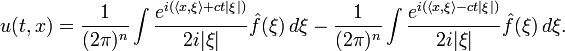  u(t,x) = \frac{1}{(2 \pi)^n} \int \frac{e^{i (\langle x,\xi \rangle + c t | \xi |)}}{2 i |\xi |} \hat f (\xi) \, d \xi - \frac{1}{(2 \pi)^n} \int \frac{e^{i (\langle x,\xi \rangle - c t | \xi |)}}{2 i |\xi |} \hat f (\xi) \, d \xi .