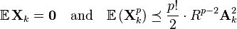 
\mathbb{E}\,\mathbf{X}_k = \mathbf{0} \quad \text{and} \quad \mathbb{E}\,(\mathbf{X}_k^p) \preceq \frac{p!}{2}\cdot R^{p-2} \mathbf{A}_k^2
