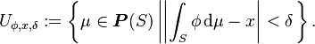 U_{\phi, x, \delta} := \left\{ \mu \in \boldsymbol{P}(S) \left| \left| \int_{S} \phi \,  \mathrm{d} \mu - x \right| < \delta \right. \right\}.