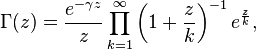 \Gamma(z) = \frac{e^{-\gamma z}}{z} \prod_{k=1}^\infty \left(1 + \frac{z}{k}\right)^{-1} e^{\frac{z}{k}},