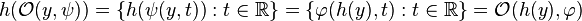 h(\mathcal{O}(y,\psi)) = \{h(\psi(y,t)): t\in\mathbb{R}\} = \{\varphi(h(y),t):t\in\mathbb{R}\}= \mathcal{O}(h(y),\varphi)