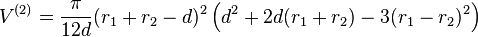 V^{(2)} = \frac{\pi}{12d}(r_1+r_2-d)^2 \left( d^2+2d(r_1+r_2)-3(r_1-r_2)^2 \right)