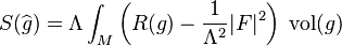 S(\widehat{g})=\Lambda \int_M \left( R(g) - \frac{1}{\Lambda^2} \vert F \vert^2  \right) \;\mbox{vol}(g) 