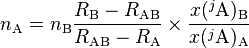 n_\mathrm{A} = n_\mathrm{B} \frac{R_\mathrm{B}-R_\mathrm{AB}}{R_\mathrm{AB}-R_\mathrm{A}} \times \frac {x(^{j}\mathrm{A})_\mathrm{B}}{x(^{j}\mathrm{A})_\mathrm{A}}