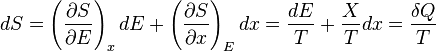 dS = \left(\frac{\partial S}{\partial E}\right)_{x}dE+\left(\frac{\partial S}{\partial x}\right)_{E}dx = \frac{dE}{T} + \frac{X}{T} dx=\frac{\delta Q}{T}\,