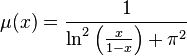 \mu(x)=\frac{1}{\ln^2\left(\frac{x}{1-x}\right)+\pi^2}