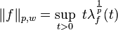 \|f\|_{p,w} = \sup_{t > 0} ~ t \lambda_f^{\frac{1}{p}}(t)