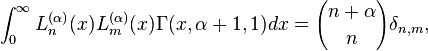 \int_0^{\infty} L_n^{(\alpha)}(x)L_m^{(\alpha)}(x)\Gamma(x,\alpha+1,1) dx={n+ \alpha \choose n}\delta_{n,m},