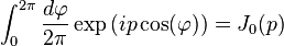 \int_0^{2 \pi} {d\varphi \over 2 \pi} \exp\left( i p \cos( \varphi) \right)=J_0 (p)