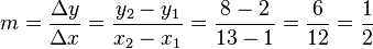 m = \frac{\Delta y}{\Delta x} = \frac{y_2 - y_1}{x_2 - x_1} = \frac{8 - 2}{13 - 1} = \frac{6}{12} = \frac{1}{2}