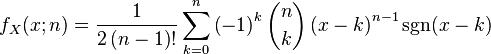 
f_X(x;n)=\frac{1}{2\left(n-1\right)!}\sum_{k=0}^{n}\left(-1\right)^k{n \choose k}\left(x-k\right)^{n-1}\sgn(x-k)
