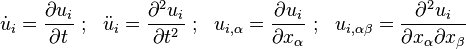 
   \dot{u}_i = \frac{\partial u_i}{\partial t} ~;~~ \ddot{u}_i = \frac{\partial^2 u_i}{\partial t^2} ~;~~
   u_{i,\alpha} = \frac{\partial u_i}{\partial x_\alpha} ~;~~ u_{i,\alpha\beta} = \frac{\partial^2 u_i}{\partial x_\alpha \partial x_\beta}
