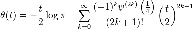 \theta(t) = -\frac{t}{2} \log \pi + \sum_{k=0}^{\infty} \frac{(-1)^k \psi^{(2k)}\left(\frac{1}{4}\right) }{(2k+1)!} \left(\frac{t}{2}\right)^{2k+1}