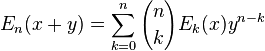 E_n(x+y)=\sum_{k=0}^n {n \choose k} E_k(x) y^{n-k}