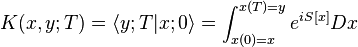 
K(x,y;T) = \langle y;T|x;0 \rangle = \int_{x(0)=x}^{x(T)=y} e^{i S[x]} Dx
\,